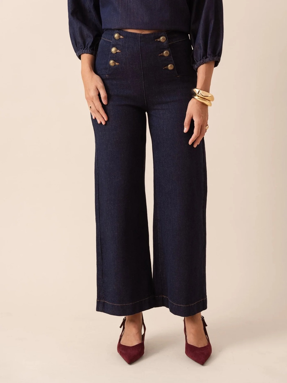 Oraije Paris Victorine raw denim jeans w/wide-legs and gold-toned sailor buttons